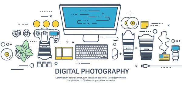 Lined fhotographer equipment on a table. Photography tools, photo editing, photoshooting outline flat background.  Digital photocamera with lens. Vector illustration.