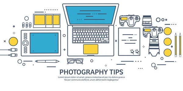 Lined fhotographer equipment on a table. Photography tools, photo editing, photoshooting outline flat background.  Digital photocamera with lens. Vector illustration. — Wektor stockowy