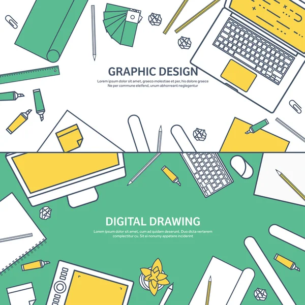 Lined, ouline flat graphic web design. Drawing and painting. Development. Illustration, sketching, freelance. User interface. UI. Computer, laptop. — Wektor stockowy