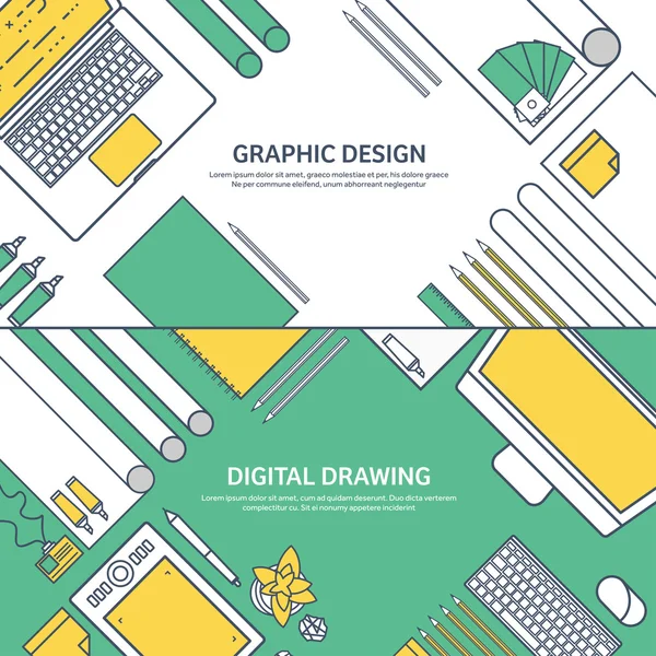 Lined, ouline flat graphic web design. Drawing and painting. Development. Illustration, sketching, freelance. User interface. UI. Computer, laptop. — Stock vektor