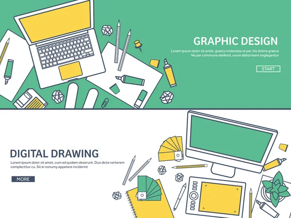 Lined, ouline flat graphic web design. Drawing and painting. Development. Illustration, sketching, freelance. User interface. UI. Computer, laptop. — 스톡 벡터