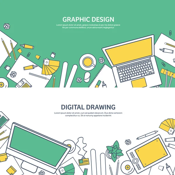 Lined, ouline flat graphic web design. Drawing and painting. Development. Illustration, sketching, freelance. User interface. UI. Computer, laptop. — Wektor stockowy