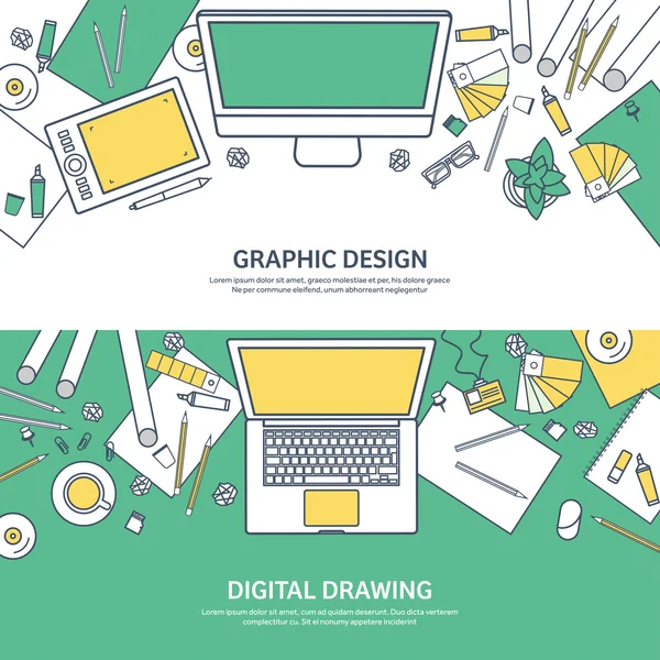 Lined, ouline flat graphic web design. Drawing and painting. Development. Illustration, sketching, freelance. User interface. UI. Computer, laptop. — 스톡 벡터