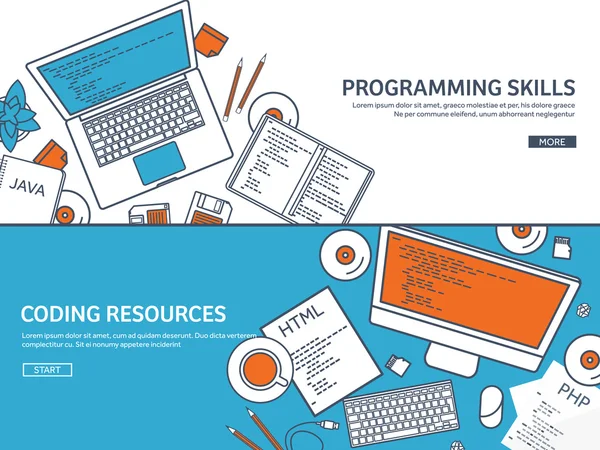 Programmazione interna, codifica. Outline Piatto sfondo di calcolo. Codice, hardware, software. Sviluppo web. Ottimizzazione dei motori di ricerca. Innovazione, tecnologie. App mobile. Illustrazione vettoriale. SEO . — Vettoriale Stock