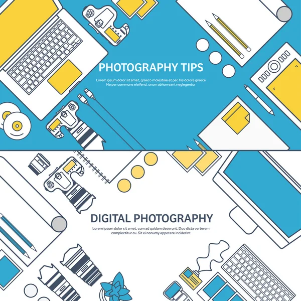 Lined fhotographer equipment on a table. Photography tools, photo editing, photoshooting outline flat background.  Digital photocamera with lens. Vector illustration. — Stock Vector