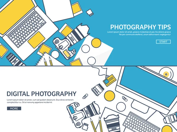 Lined fhotographer equipment on a table. Photography tools, photo editing, photoshooting outline flat background.  Digital photocamera with lens. Vector illustration. — Stockvector