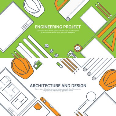Astarlı, anahatlı. Vektör illüstrasyon. Mühendislik ve mimarlık. Çizim, inşaat. Mimari proje. Tasarım, çizim. Araçlarla çalışma alanı. Planlama, bina.