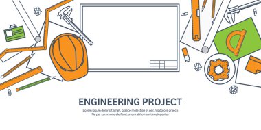 Astarlı, anahatlı. Vektör illüstrasyon. Mühendislik ve mimarlık. Çizim, inşaat. Mimari proje. Tasarım, çizim. Araçlarla çalışma alanı. Planlama, bina.