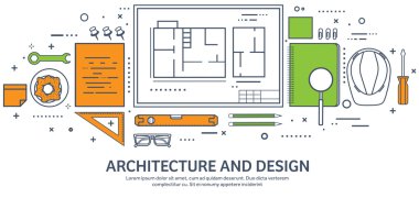 Astarlı, anahatlı. Vektör illüstrasyon. Mühendislik ve mimarlık. Çizim, inşaat. Mimari proje. Tasarım, çizim. Araçlarla çalışma alanı. Planlama, bina.