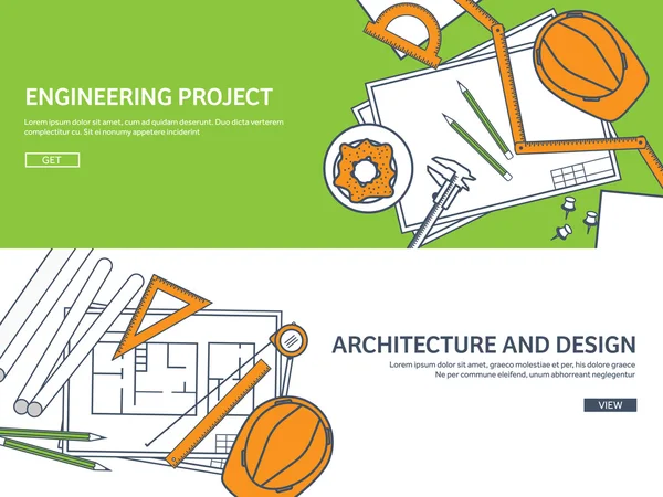 Foderato, delineato.Illustrazione vettoriale. Ingegneria e architettura. Disegno, costruzione. Progetto architettonico. Progettazione, schizzi. Spazio di lavoro con strumenti. Pianificazione, costruzione . — Vettoriale Stock