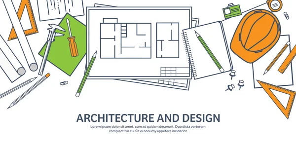 Bekleed, omtrek. Vector illustratie. Engineering en architectuur. Tekening, bouw. Architecturale project. Ontwerp, schetsen. Werkruimte met hulpmiddelen. Planning, gebouw. — Stockvector