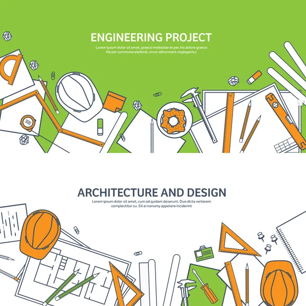 Foderato, delineato.Illustrazione vettoriale. Ingegneria e architettura. Disegno, costruzione. Progetto architettonico. Progettazione, schizzi. Spazio di lavoro con strumenti. Pianificazione, costruzione . — Vettoriale Stock