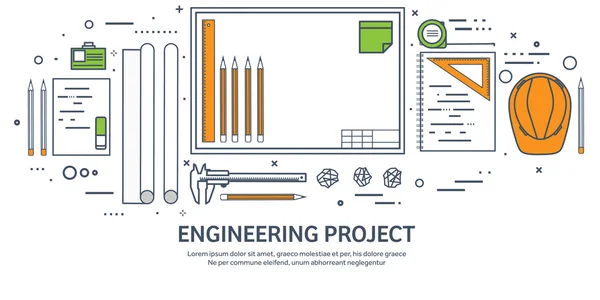 Forrado, contorno. Ilustración vectorial. Ingeniería y arquitectura. Dibujo, construcción. Proyecto arquitectónico. Diseño, boceto. Espacio de trabajo con herramientas. Planificación, construcción . — Vector de stock