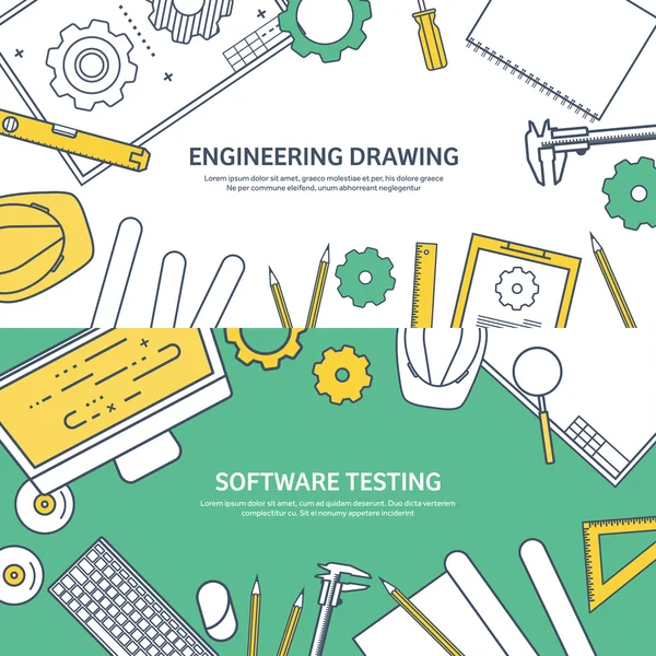 Lined, outline. Vector illustration. Engineering and architecture. Computer, software. Drawing, construction. Architectural project. Design, sketching. Workspace with tools. Planning, building. — Stock Vector