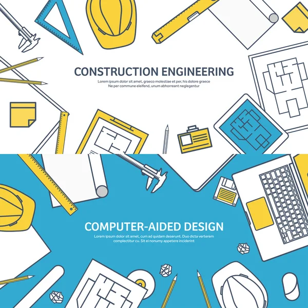 Forrado, contorno. Ilustración vectorial. Ingeniería y arquitectura. Notebook, software. Dibujo, construcción. Proyecto arquitectónico. Diseño, boceto. Espacio de trabajo con herramientas. Planificación, construcción . — Vector de stock