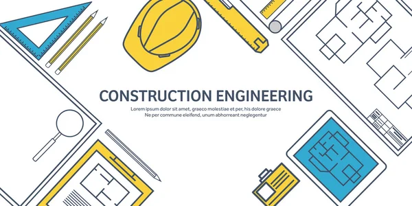 Forrado, contorno. Ilustración vectorial. Ingeniería y arquitectura. Tableta, software. Dibujo, construcción. Proyecto arquitectónico. Diseño, boceto. Espacio de trabajo con herramientas. Planificación, construcción . — Vector de stock