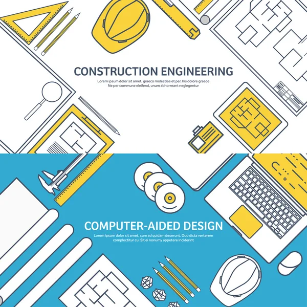 Forrado, contorno. Ilustración vectorial. Ingeniería y arquitectura. Notebook, software. Dibujo, construcción. Proyecto arquitectónico. Diseño, boceto. Espacio de trabajo con herramientas. Planificación, construcción . — Vector de stock