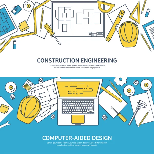 Bekleed, omtrek. Vector illustratie. Engineering en architectuur. Notebook, software. Tekening, bouw. Architecturale project. Ontwerp, schetsen. Werkruimte met hulpmiddelen. Planning, gebouw. — Stockvector