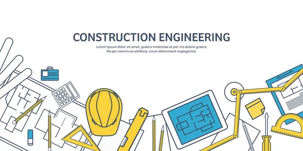 Linienführung, Umriss. Vektorillustration. Ingenieurwesen und Architektur. Tablet, Software. Zeichnung, Konstruktion. Architekturprojekt. Design, Skizzen. Arbeitsbereich mit Werkzeugen. Planung, Bau. — Stockvektor