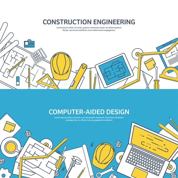 Lined, outline. Vector illustration. Engineering and architecture. Notebook, software. Drawing, construction. Architectural project. Design, sketching. Workspace with tools. Planning, building.