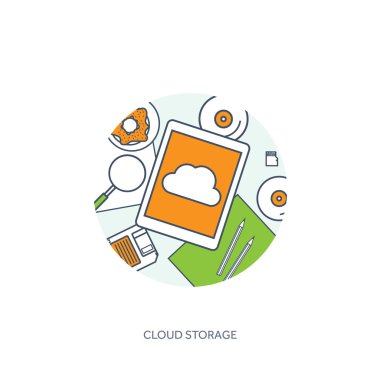 Lined, outline vector illustration. Workplace, table with documents, computer. Flat cloud computing background. Media, data server. Web storage.CD. Paper blank. Digital technologies. Internet