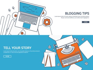 Kaplı, anahat vektör çizim. Düz daktilo. El ile dizüstü bilgisayar. Hikayeni anlat. Yazar. Bloglama.