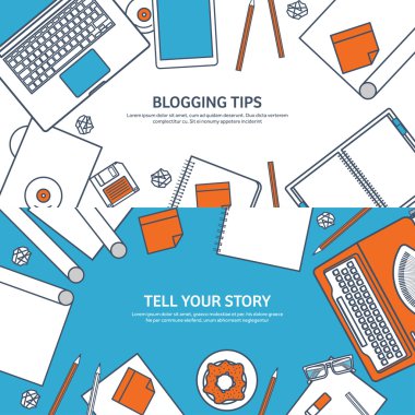 Kaplı, anahat vektör çizim. Düz daktilo. El ile dizüstü bilgisayar. Hikayeni anlat. Yazar. Bloglama.