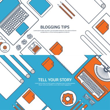 Kaplı, anahat vektör çizim. Düz daktilo. El ile dizüstü bilgisayar. Hikayeni anlat. Yazar. Bloglama.