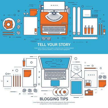 Kaplı, anahat vektör çizim. Düz daktilo. El ile dizüstü bilgisayar. Hikayeni anlat. Yazar. Bloglama.