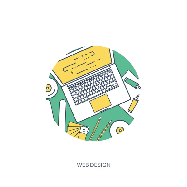 Lined, outline graphic web design. Drawing and painting. Development. Illustration, sketching, freelance. User interface. UI. Computer, laptop. — Stock Vector