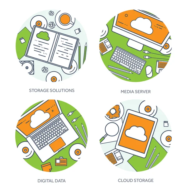 Lined, outline vector illustration. Workplace, table with documents, computer. Flat cloud computing background. Media, data server. Web storage.CD. Paper blank. Digital technologies. Internet — Stok Vektör