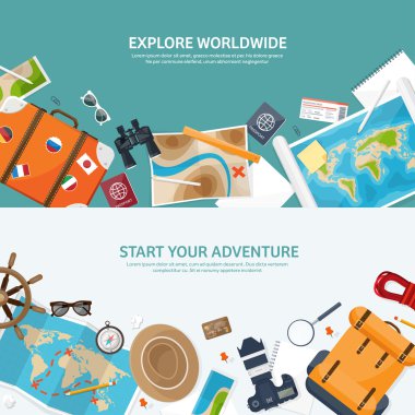 Seyahat ve Turizm. Düz stil. Dünya, earth harita. Küre. Gezi, Tur, yolculuk, yaz tatili. Seyahat, dünya çapında keşfetmek. Macera, sefer. Tablo, çalışma alanı. Gezgin. Gezinti veya rota