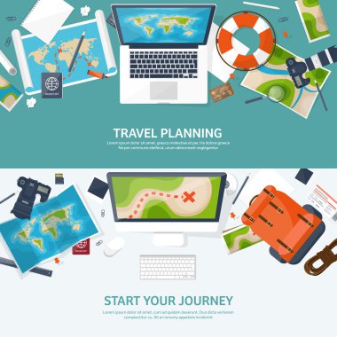 Seyahat ve Turizm. Düz stil. Dünya, earth harita. Küre. Gezi, Tur, yolculuk, yaz tatili. Seyahat, dünya çapında keşfetmek. Macera, sefer. Tablo, çalışma alanı. Gezgin. Gezinti veya rota