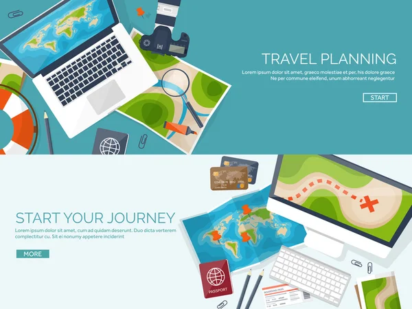 Travel and tourism. Flat style. World, earth map. Globe. Trip, tour,journey,summer holidays. Travelling, exploring worldwide. Adventure,expedition. Table,workplace. Traveler. Navigation or route — Stock Vector