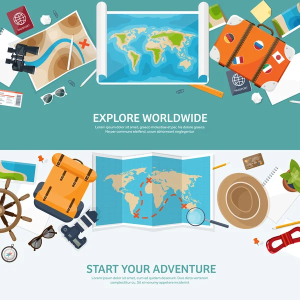 Travel and tourism. Flat style. World, earth map. Globe. Trip, tour,journey,summer holidays. Travelling, exploring worldwide. Adventure,expedition. Table,workplace. Traveler. Navigation or route — Stock Vector