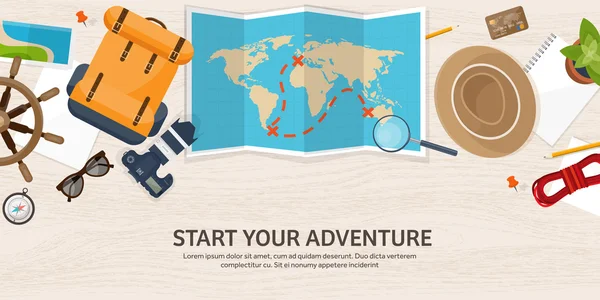 旅行和旅游业。平面样式。世界，地球的地图。全球范围。旅行，旅游，旅程，暑假。旅行，探索世界各地。冒险，远征。表、 工作场所。旅行者。导航或路线 — 图库矢量图片
