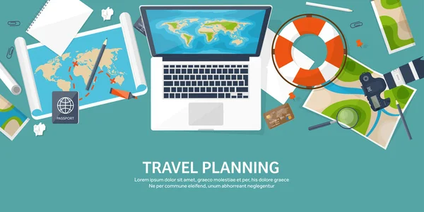 Travel and tourism. Flat style. World, earth map. Globe. Trip, tour,journey,summer holidays. Travelling, exploring worldwide. Adventure,expedition. Table,workplace. Traveler. Navigation or route — Stock Vector