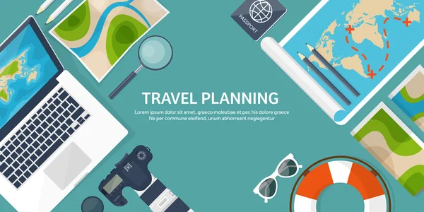 Travel and tourism. Flat style. World, earth map. Globe. Trip, tour,journey,summer holidays. Travelling, exploring worldwide. Adventure,expedition. Table,workplace. Traveler. Navigation or route — Stock Vector