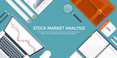 Vektör çizim. Düz arka plan. Piyasa ticaret. Ticaret platformu, hesap. Moneymaking, iş. Analiz. Yatırım.