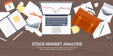 Vektör çizim. Düz arka plan. Piyasa ticaret. Ticaret platformu, hesap. Moneymaking, iş. Analiz. Yatırım.