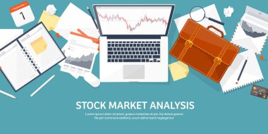 Vektör çizim. Düz arka plan. Piyasa ticaret. Ticaret platformu, hesap. Moneymaking, iş. Analiz. Yatırım.