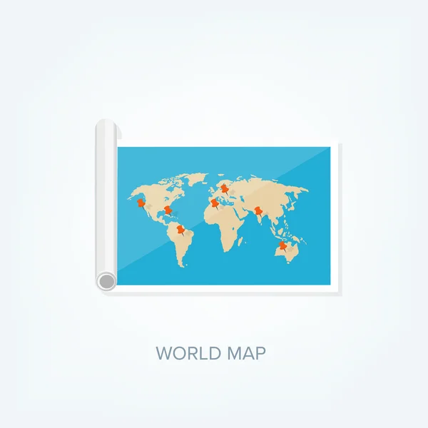 Mapa světa v plochém stylu. Země, zeměkoule. Navigace. Trasa a cíl. Ikona. — Stockový vektor