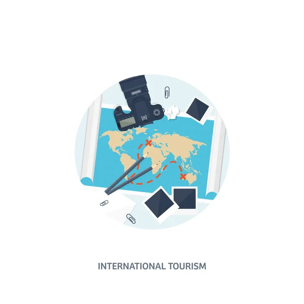 Travel and tourism. Flat style. World, earth map. Globe. Trip, tour,journey,summer holidays. Travelling, exploring worldwide. Adventure,expedition. Table,workplace. Traveler. Navigation or route — Stock Vector