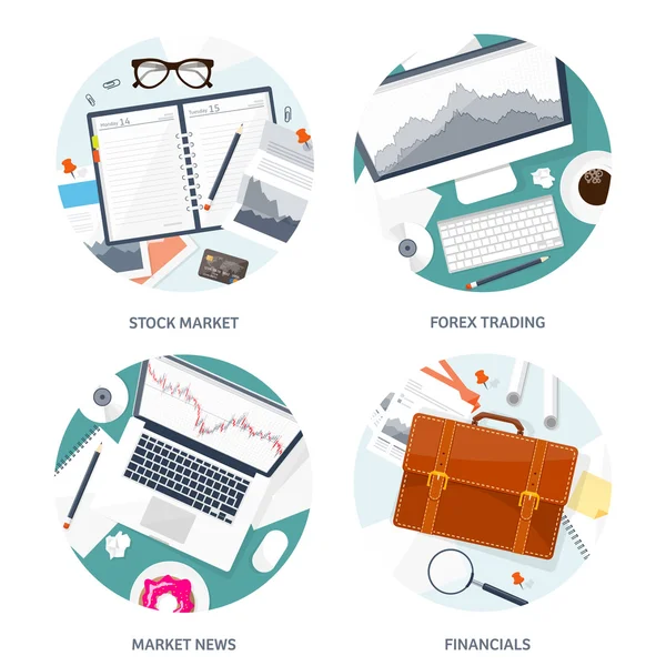 Vector illustration. Flat background. Market trade. Trading platform ,account. Moneymaking,business. Analysis. Investing. — Stock Vector