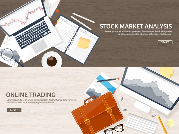 Vektoros illusztráció. Sík háttér. Piaci kereskedelem. Kereskedési platform, számla. Moneymaking, üzleti. Elemzés. Befektetés. — Stock Vector