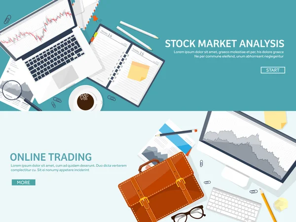 Vektorillustration. flacher Hintergrund. Markthandel. Handelsplattform, Konto. Geldverdienen, Geschäft. Analyse. Investitionen. — Stockvektor