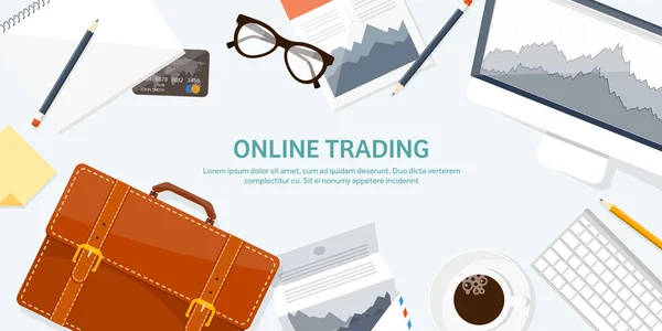 Vector illustration. Flat background. Market trade. Trading platform ,account. Moneymaking,business. Analysis. Investing. — Stock Vector