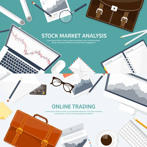 Vektorové ilustrace. Ploché pozadí. Obchod na trhu. Obchodní platforma, účet. Vydělávání peněz, podnikání. Analýza. Investování. — Stockový vektor
