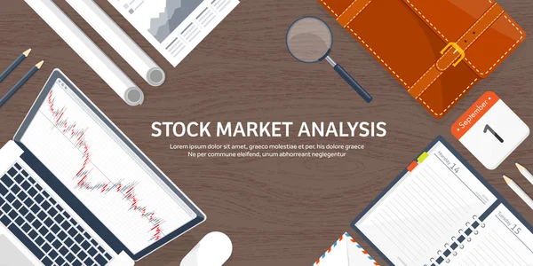 Ilustración vectorial. Fondo plano. Comercio de mercado. Plataforma de negociación, cuenta. Ganando dinero, negocios. Análisis. Invertir . — Vector de stock