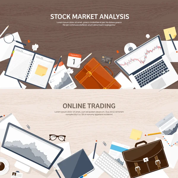 Vektorillustration. flacher Hintergrund. Markthandel. Handelsplattform, Konto. Geldverdienen, Geschäft. Analyse. Investitionen. — Stockvektor